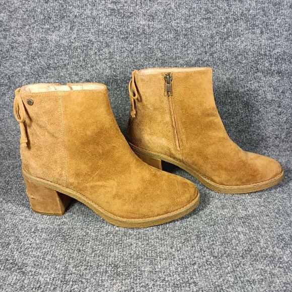 UGG Shoes - UGG Boots Womens Size 9.5 Brown Suede Ankle Block Heel Side Zip Lace Up Back